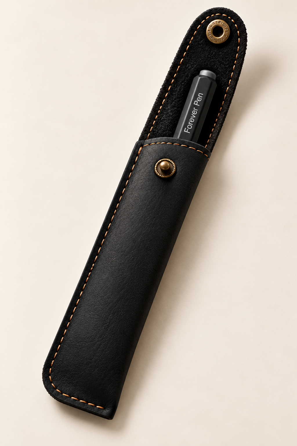ForeverSleeve leather case open with branded ForeverPen inside